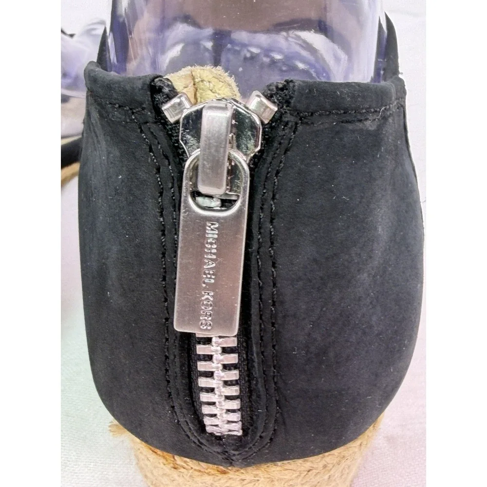 Michael Kors Black Leather T Strap Espadrille Wedge Sandals Womens Size‎ 7.5M